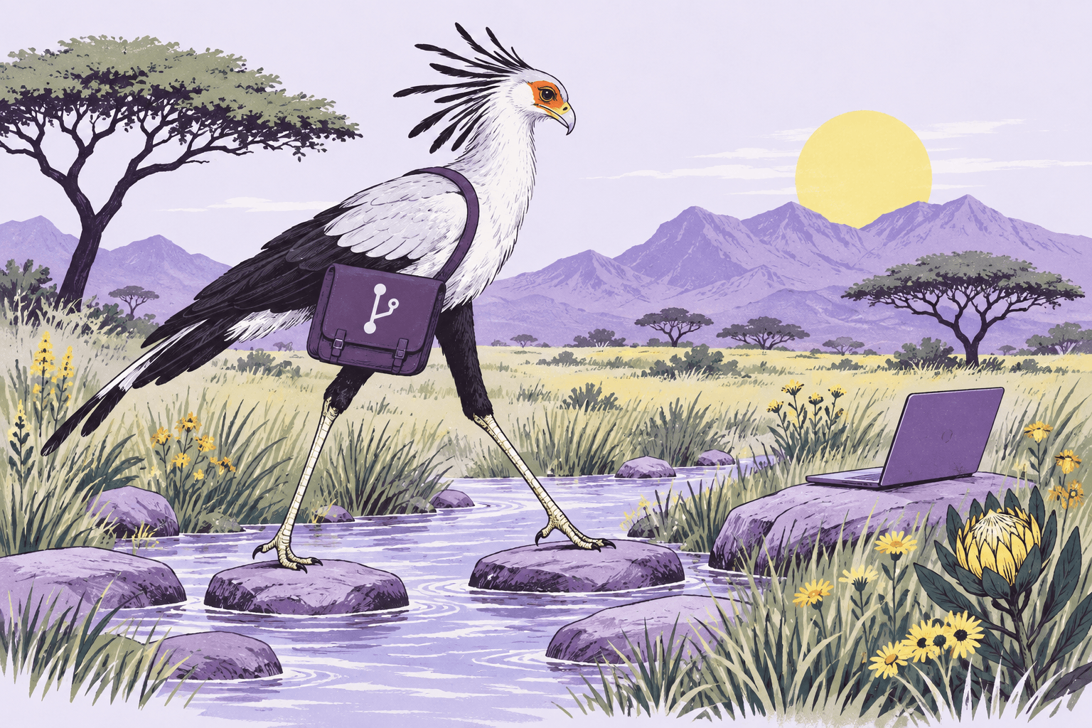 The secretary bird carries a git satchel across a stream towards a laptop.
