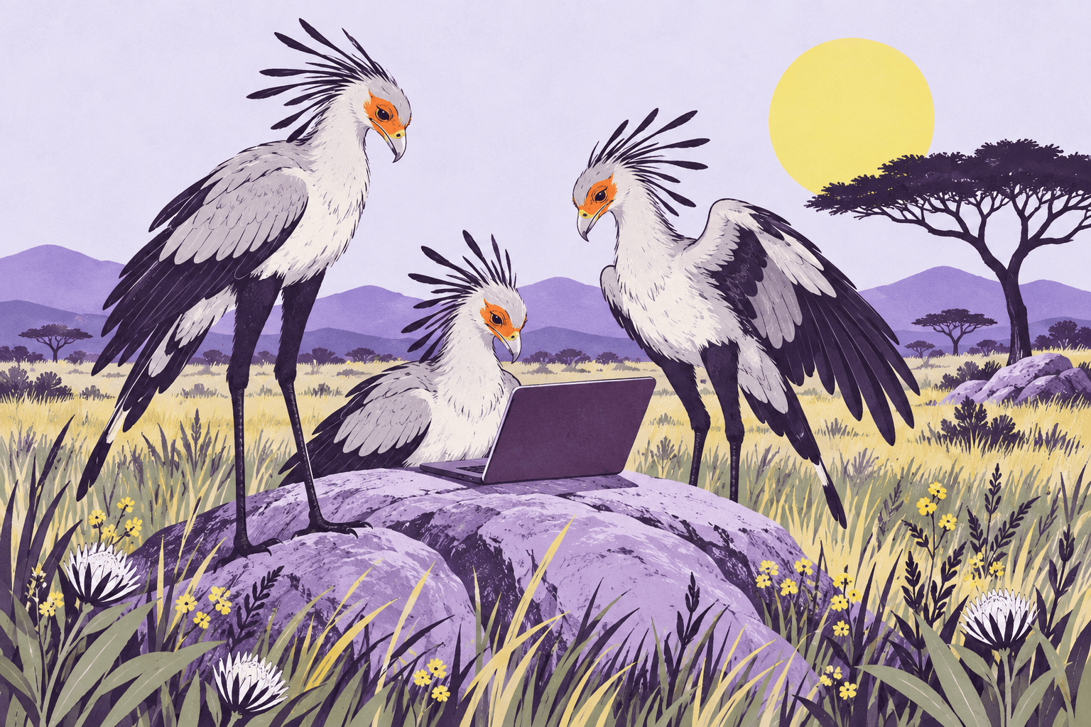 Three secretary birds collaborating around a laptop in the grassland.